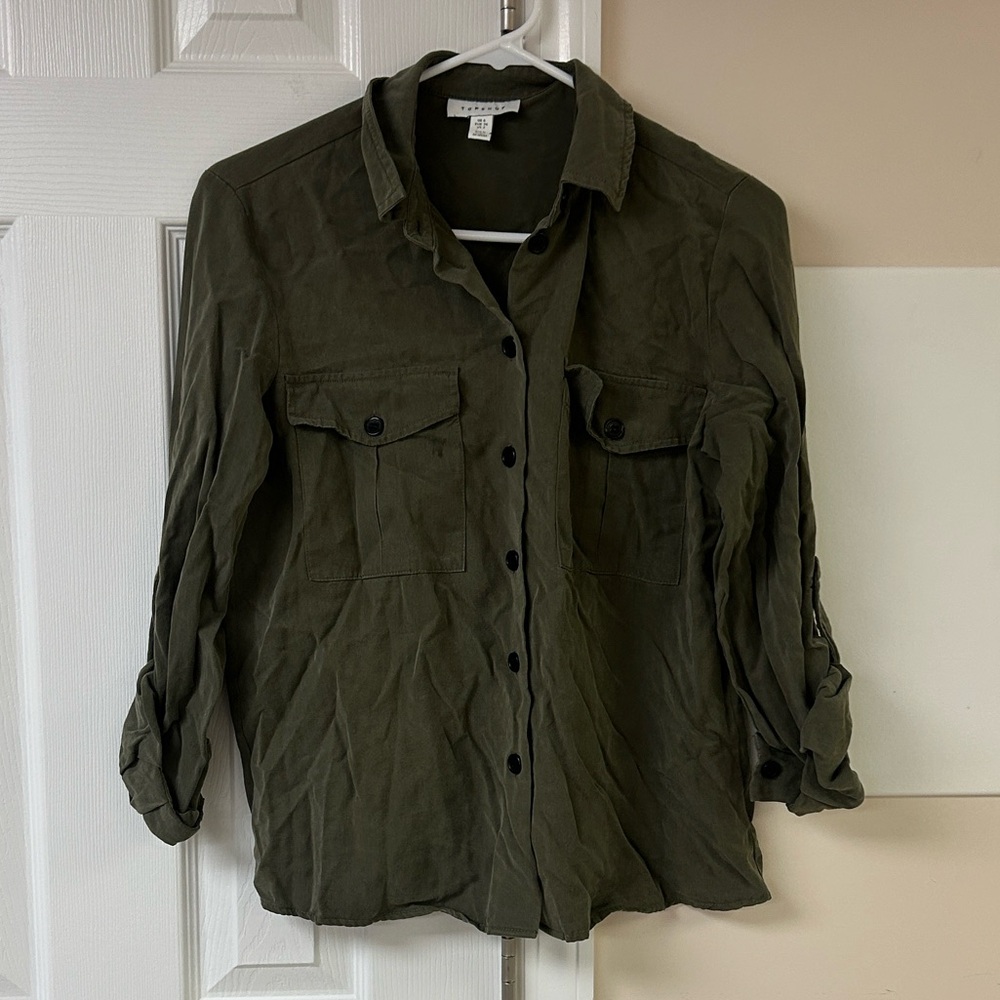 Topshop Army Green Utility Button Down Shirt